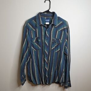 Wrangler VINTAGE Blue and Green Striped  Black Pearl Snap Shirt Sz XLarge